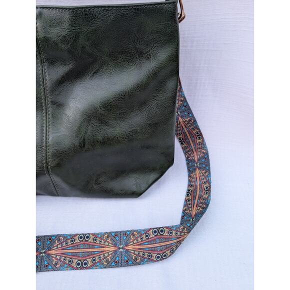 Olive Green Crossbody Bag Purse Geometric Patterned Strap Adjustable Boho - Picture 2 of 5